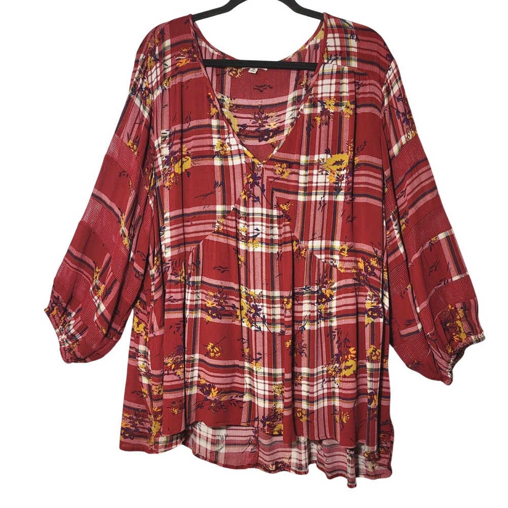 Eyeshadow Red Plaid Floral Babydoll Top V-Neck Mesh Lace Balloon Sleeve 3X Boho